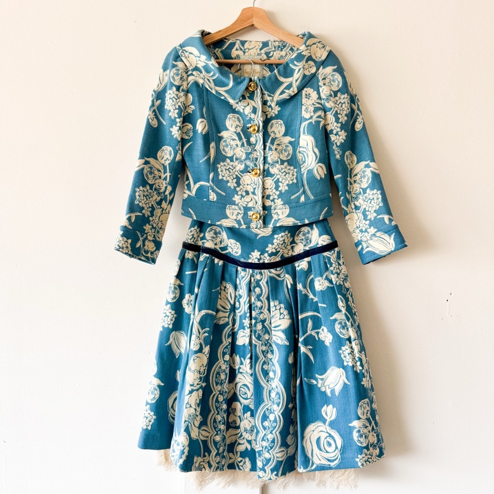 Tracy Reese Wool‎ Floral Blue and Cream Two-Piece Set Size Small